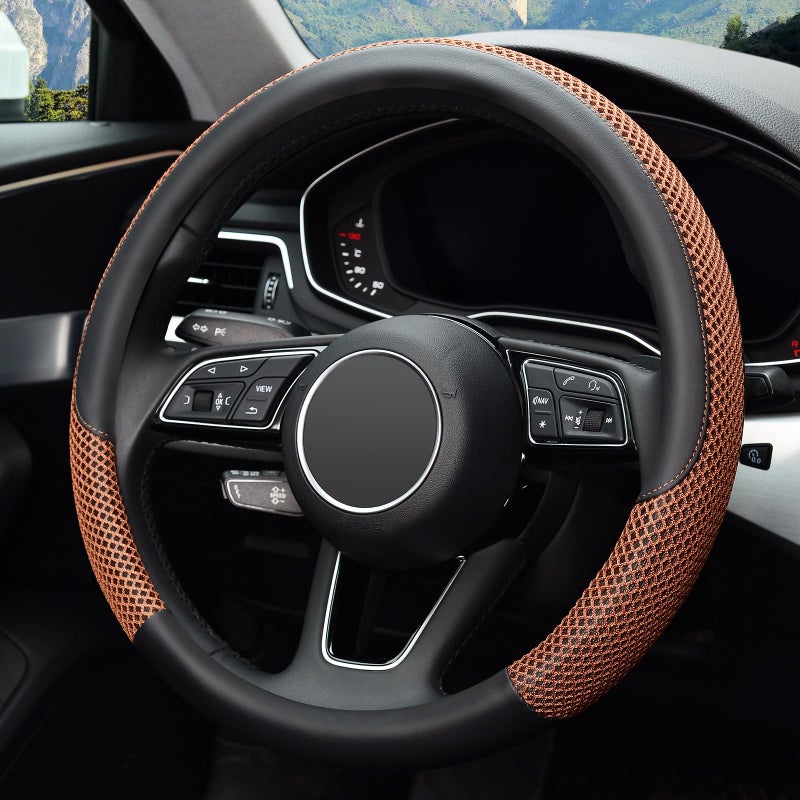 KAFEEK Steering Wheel Cover, Universal 15 inch, Microfiber Leather Viscose, Breathable, Anti-Slip,Warm in Winter and Cool in Summer, Black&Brown - Image 3